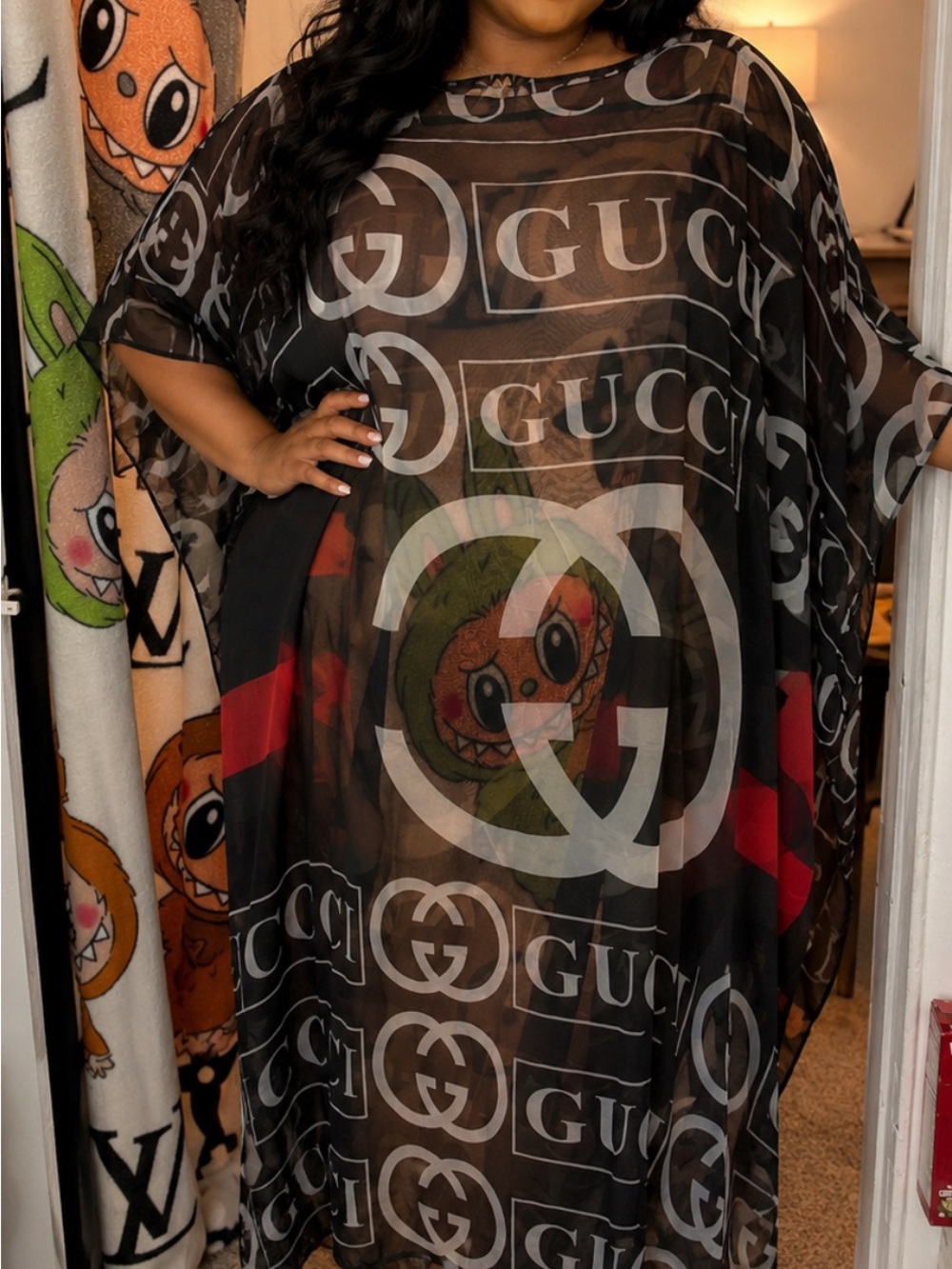Plus size MuuMuu Black Sheer Logo Kaftan with Red Stripe Accents